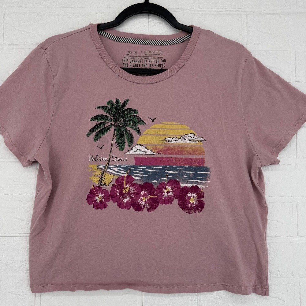 Volcom Graphic Tee Kids L(10) Pink Tropical Beach Hibiscus Organic Cotton Shirt